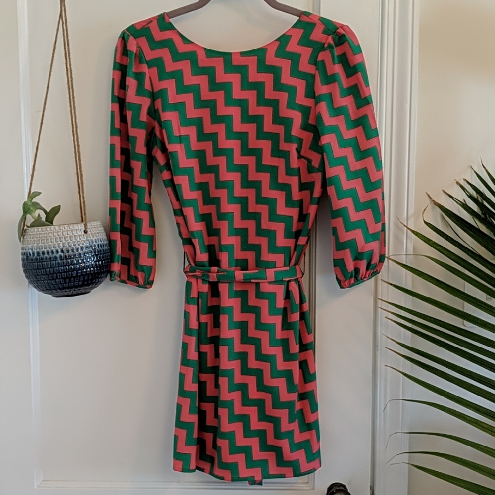 Chevron print 3/4 sleeve A-line dress